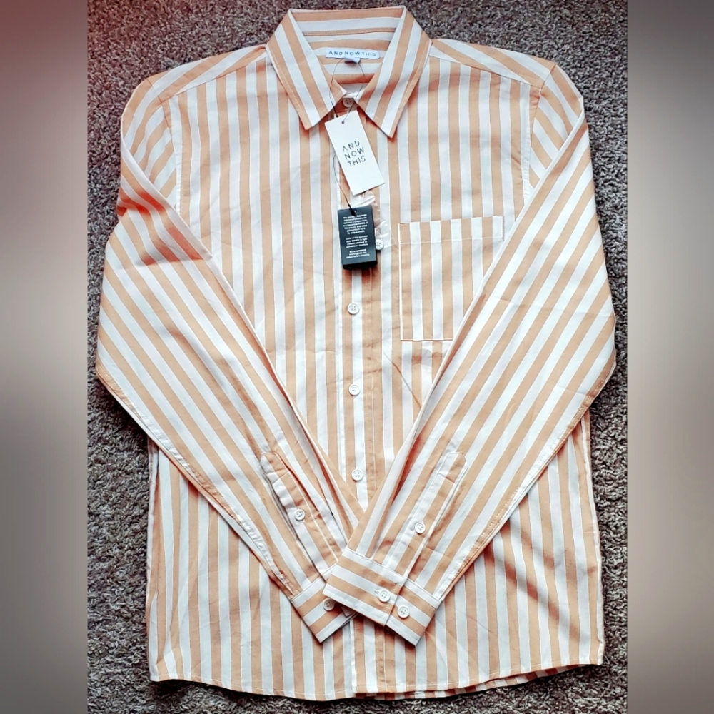 And Now This, Men Dress Shirt, Size S, White/Biscuit Stripes